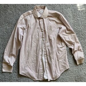 Calvin Klein Men’s 15.5 White/Pink Geometric Print Long Sleeve Button Down Shirt
